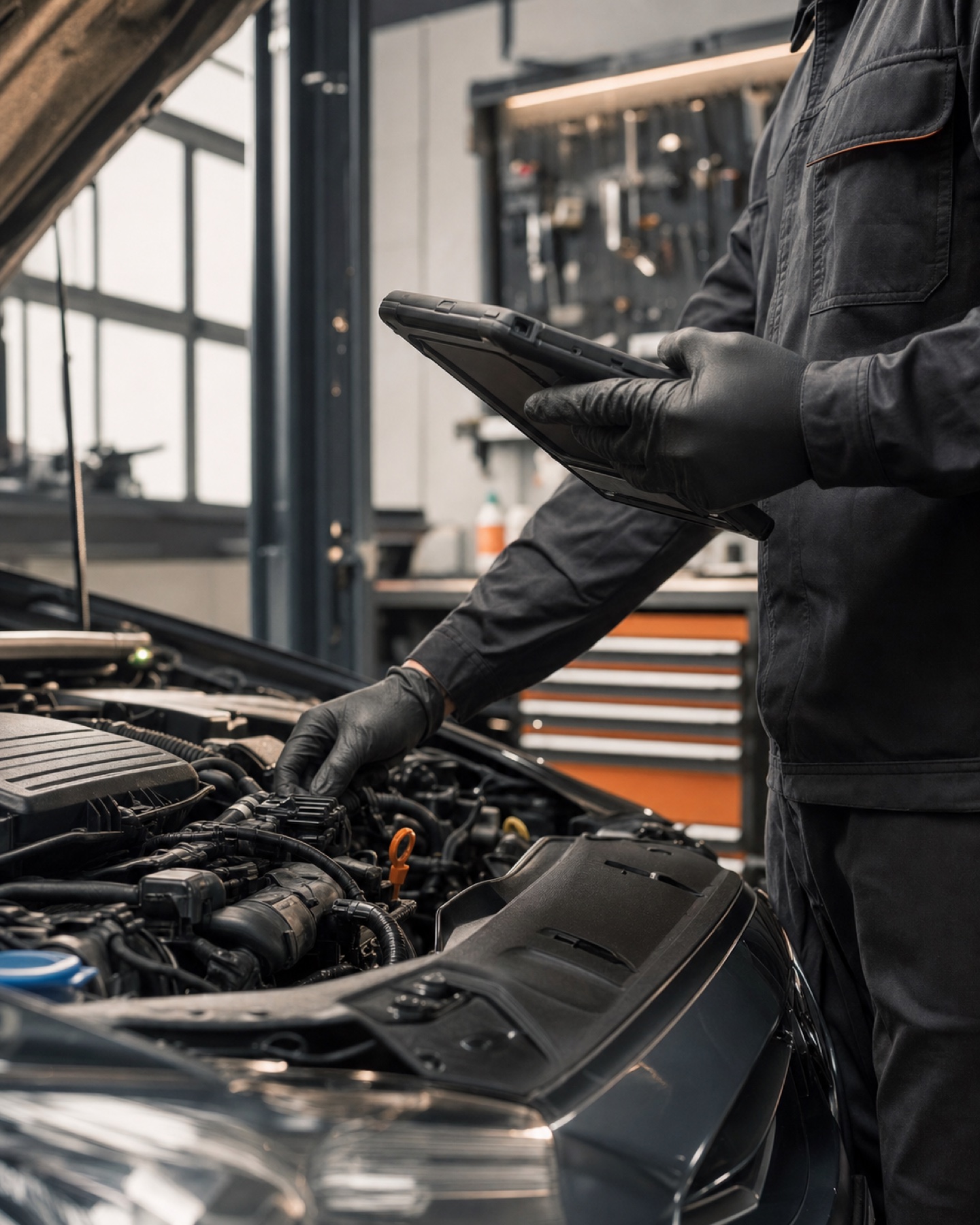 Technik vykonáva diagnostiku vozidla v servise Harmocars